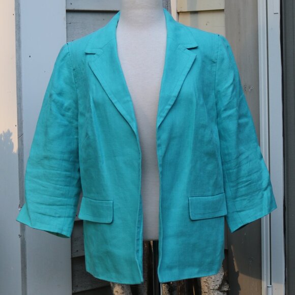 Talbots Plus Size Petite Aqua Linen Classic Open Blazer Jacket Sz 16WP - Picture 1 of 6